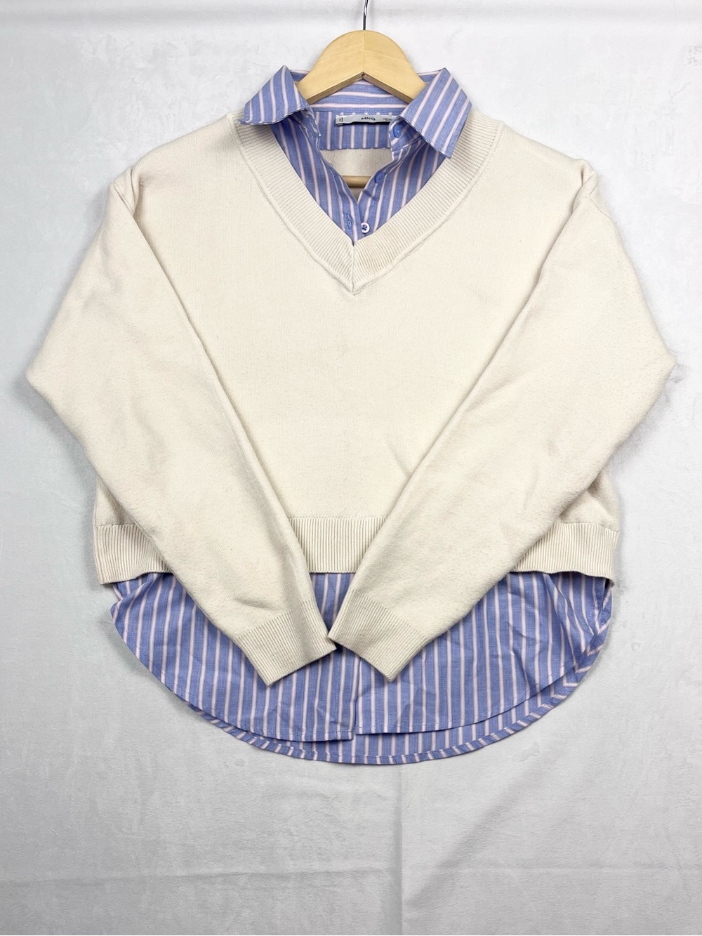 Mango Layered Look Sweater Shirt Combo V-Neck Preppy Top Size XS